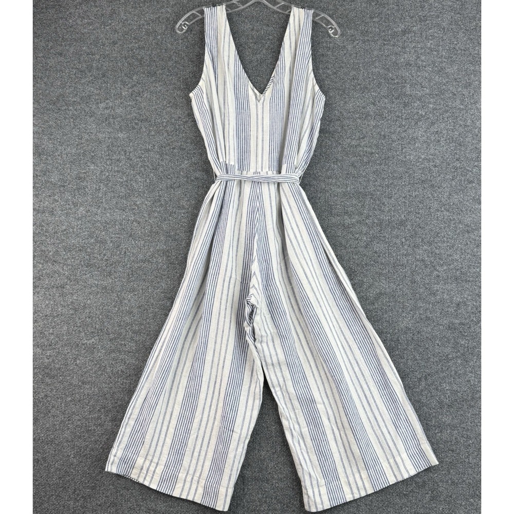 GAP Jumpsuit Womens M Blue White Stripe Linen Blend Wide Leg Belted Pockets